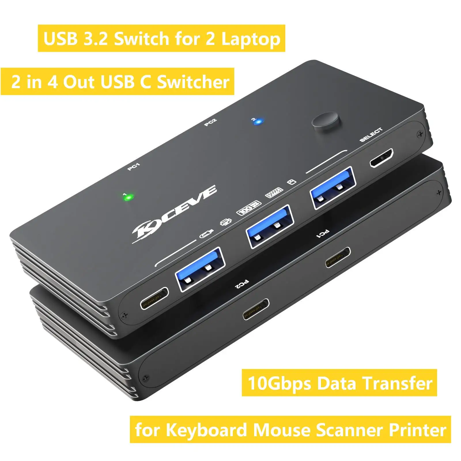 

USB 3.2-коммутатор для 2 ноутбуков, KCEVE 10 Гбит/с, 2 входа, 4 выхода, USB-C коммутатор для 2 ПК, совместное использование 4 USB-устройств: принтера, сканера, мыши, клавиатуры