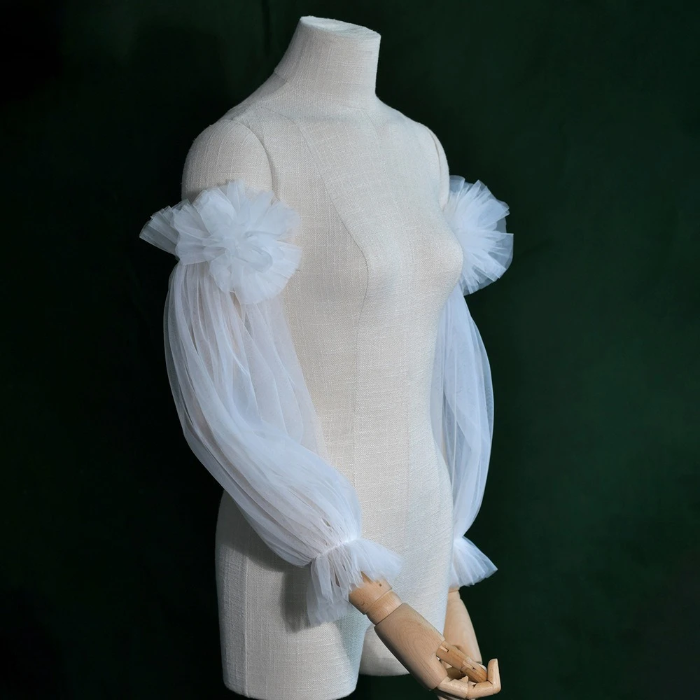 فستان زفاف بأكمام العروس، أكمام شبكية على شكل زهرة يغطي الذراع بدون حمالات، إكسسوارات الزفاف