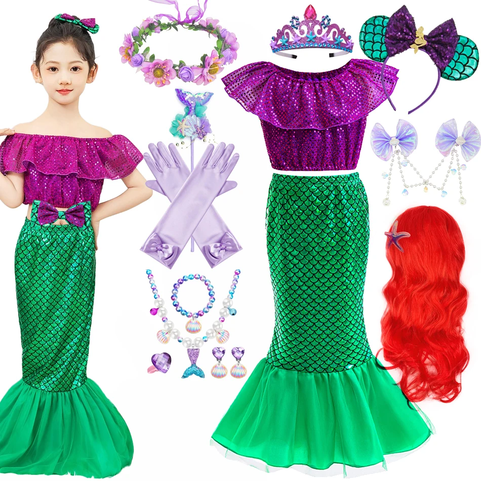 Disney Zeemeermin Ariel Jurk Kid Halloween Prinses Cosplay Vis Fee Meisje Verjaardagsfeestje Kleding Set Cadeau Met Clip 2-8 Jaar