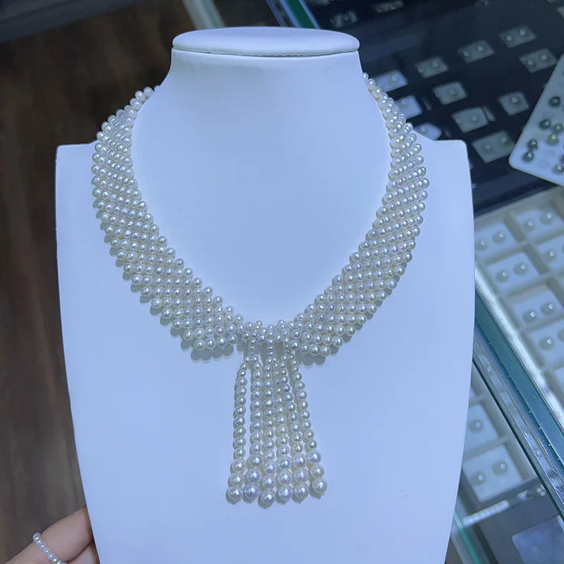 

Multi layer woven freshwater pearl collarbone necklace