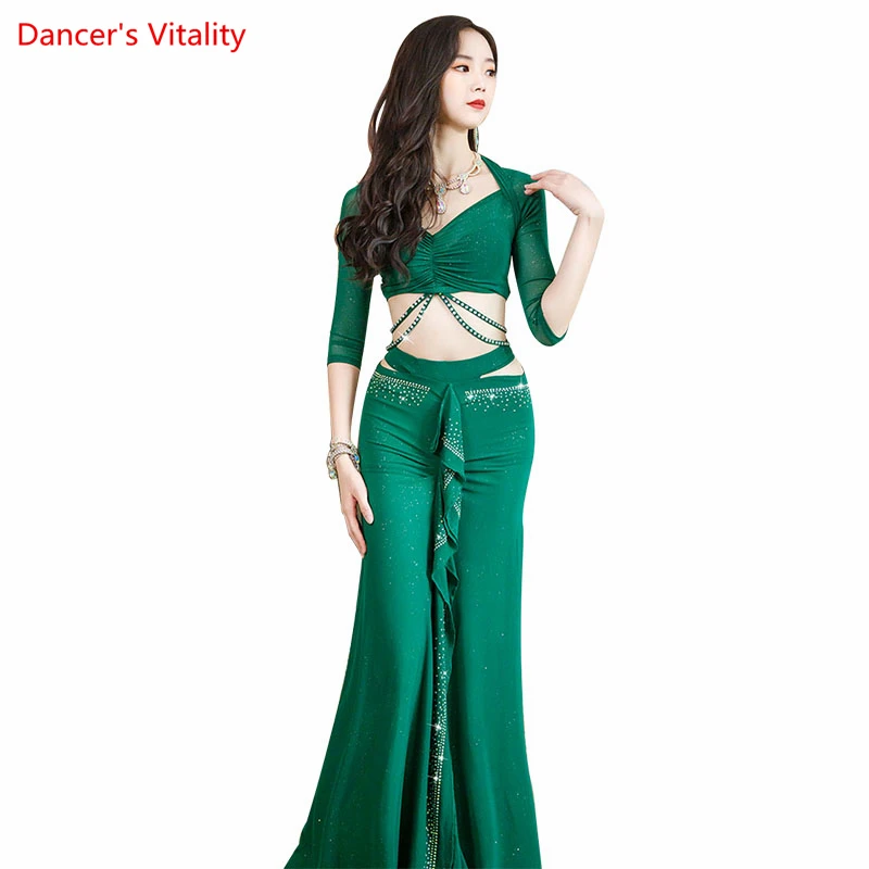 Fato de dança do ventre para mulheres, top de mangas meia Bellydance, saia longa em malha, conjunto profissional oriental, 2 peças