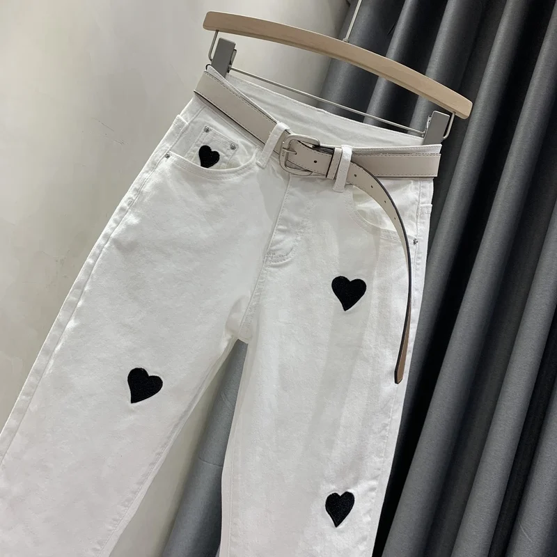 High Waisted White Jeans Women Slim Fit Fashion Harun Denim Pants New Spring Autumn Chic Embroidery Casual Jean Pantalon Femme