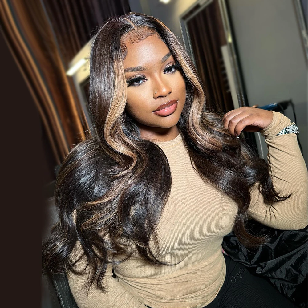 Body Wave Highlight 13x4 13x6 Lace Front Human Hiar Wig Brazilian PrePlucked 1B/27 Colored Honey Brown Lace Front Wigs For Women