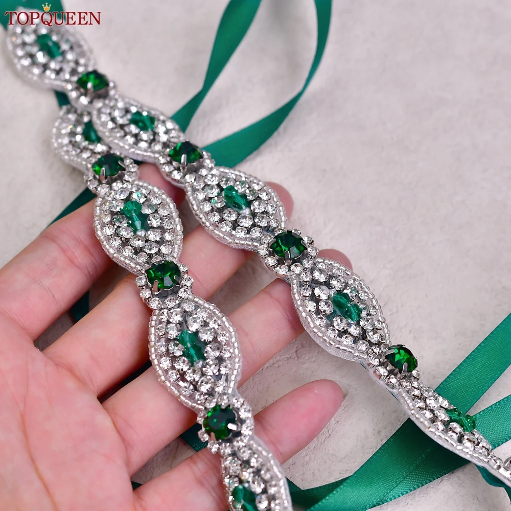 

TOPQUEEN New Design Stone Jewellery Applique Belt Handmade Thin Wedding Sash Green Evening Dress Decoration Bridesmaid Belt S435