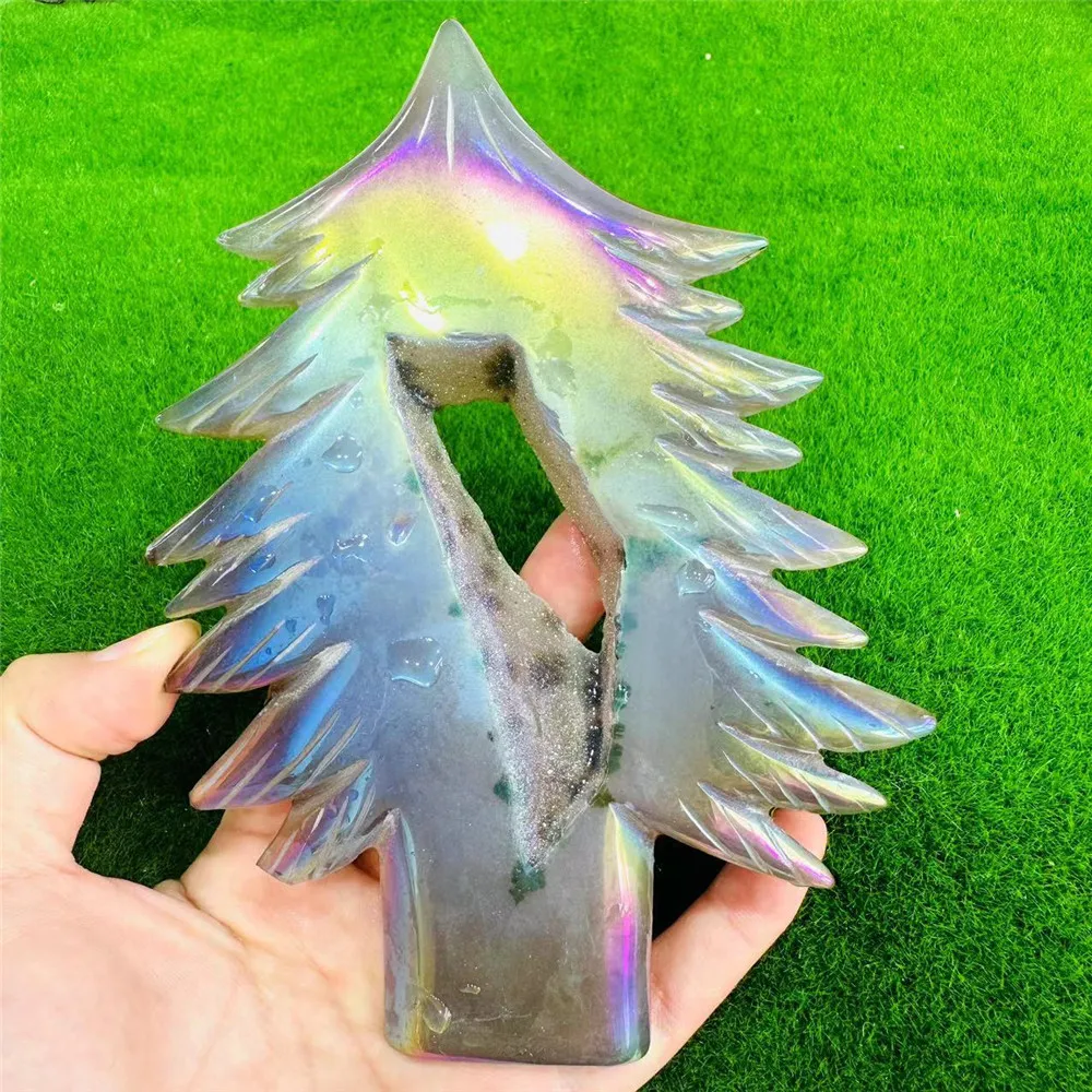 Aura Natural Agate Geode Crystal Cave Stone Tree Carvings Gift Home Decor