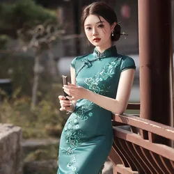 Silk Embroidered Spring/Summer New Hot Diamond Small Lace Mid length Qipao Improved Chinese Style Slim Split Cheongsam