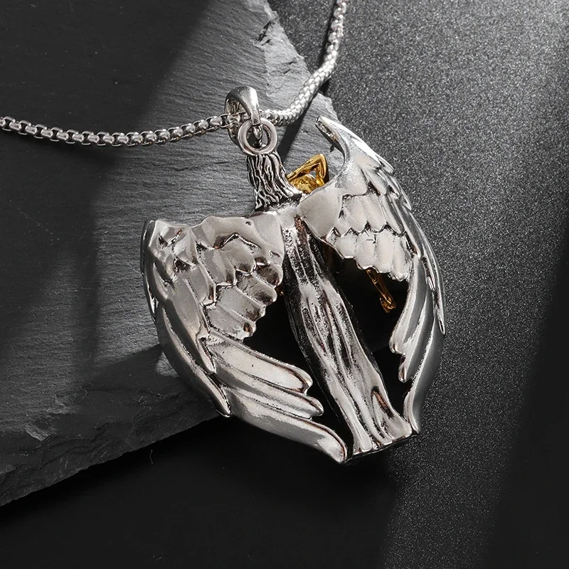 Vintage Punk Guardian Angel Wings Pendant Necklace for Men Women Prayer Peace Victory Jewelry Anniversary Gift