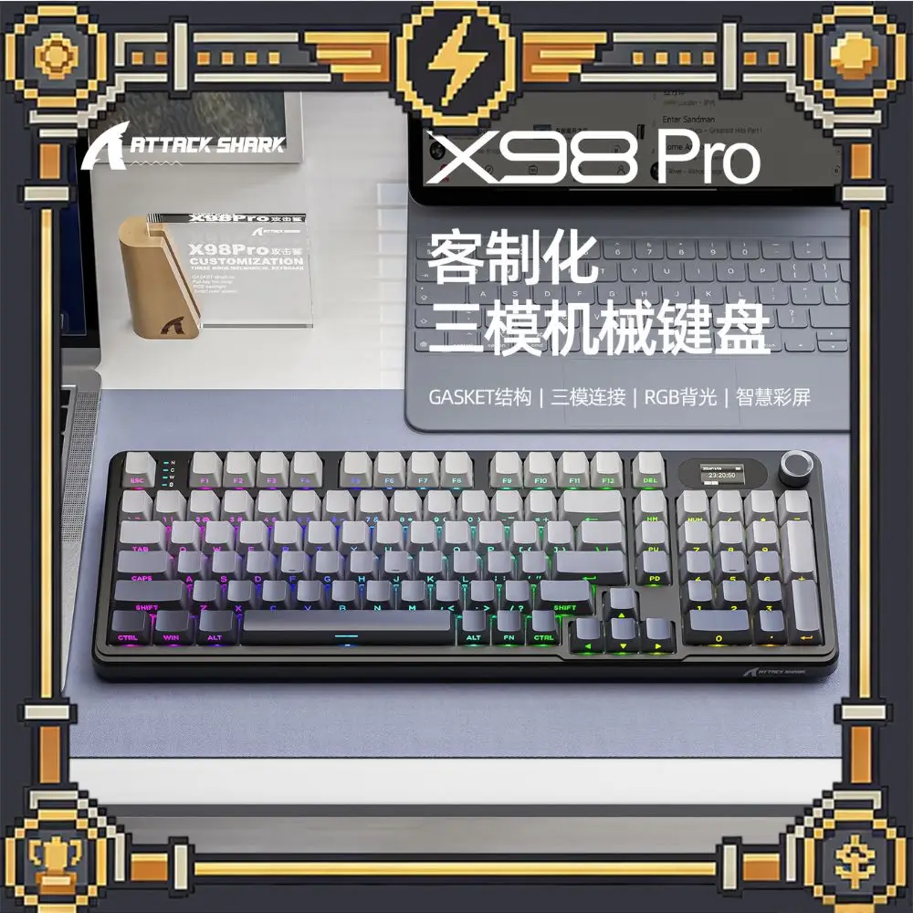 Attack Shark X98Pro Mechanical Keyboard 3-Mode Bluetooth Wireless RGB With TFT Smart Color Screen CNC Knobs Keyboard for Win/Mac