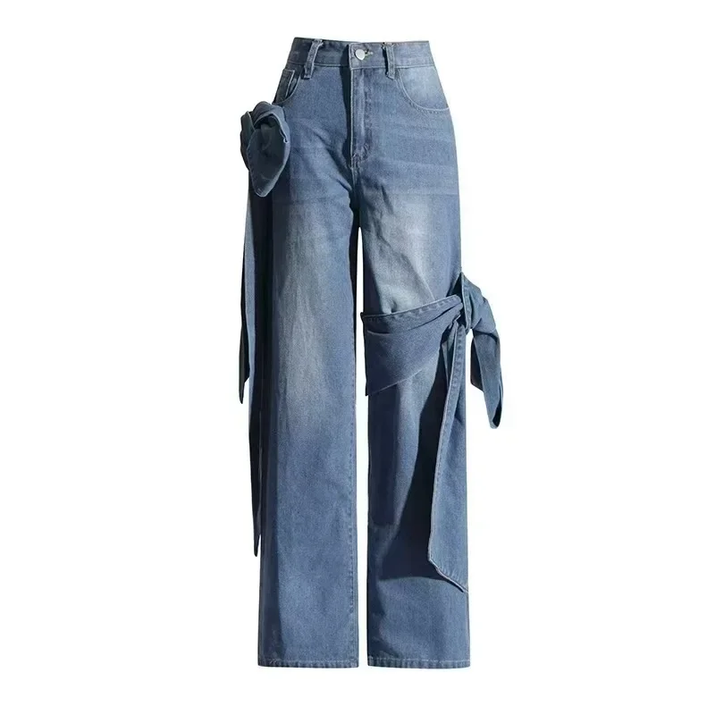 Europe and The United States New Spring Jeans Washed Make Old Patchwork Bow Wide Leg Pants Design Sense Long Jeans for Women