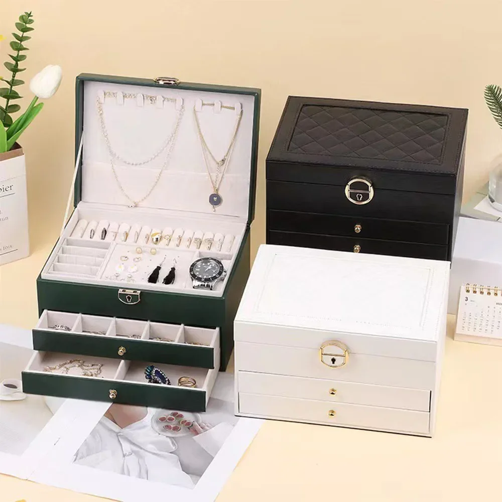 Diamond Pattern Three-layer Drawer Jewelry Box Jewellery Organizer Box with Lock