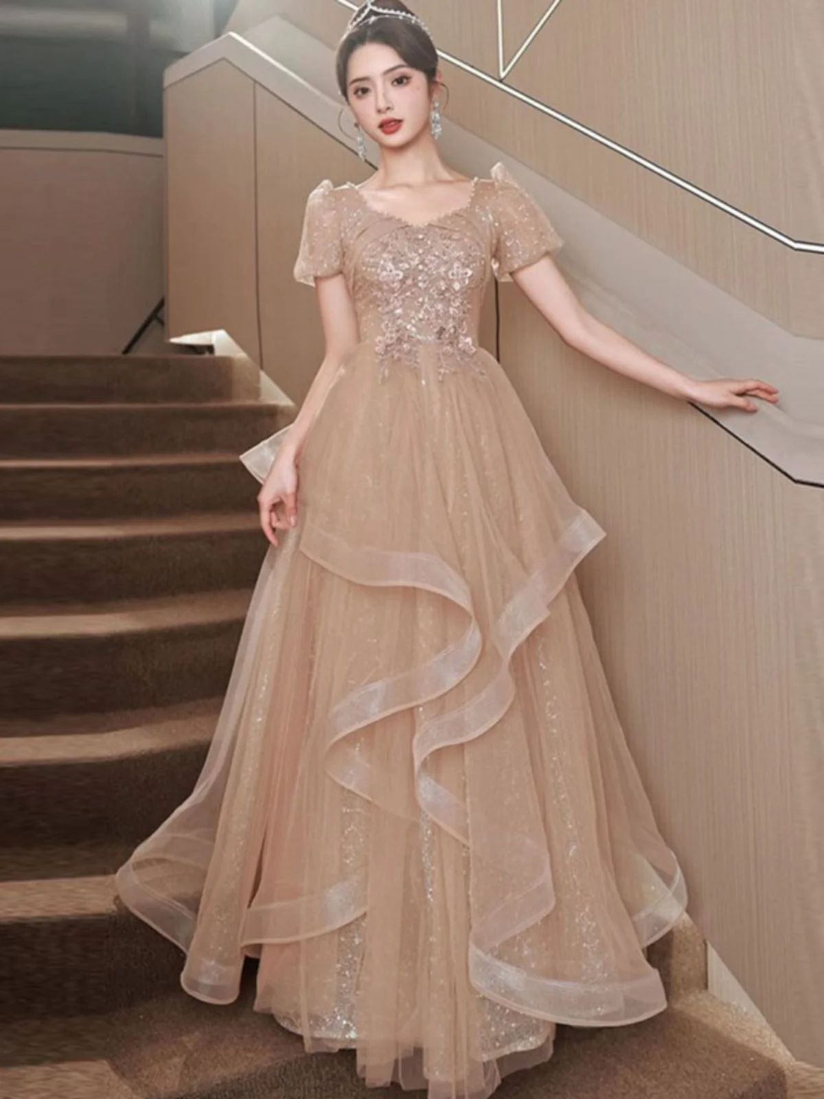 

Ele Long Dr for 8th Birthday Par Adult Ceremony Piano Music Performance Slimming Host Gown Ele Pure Color