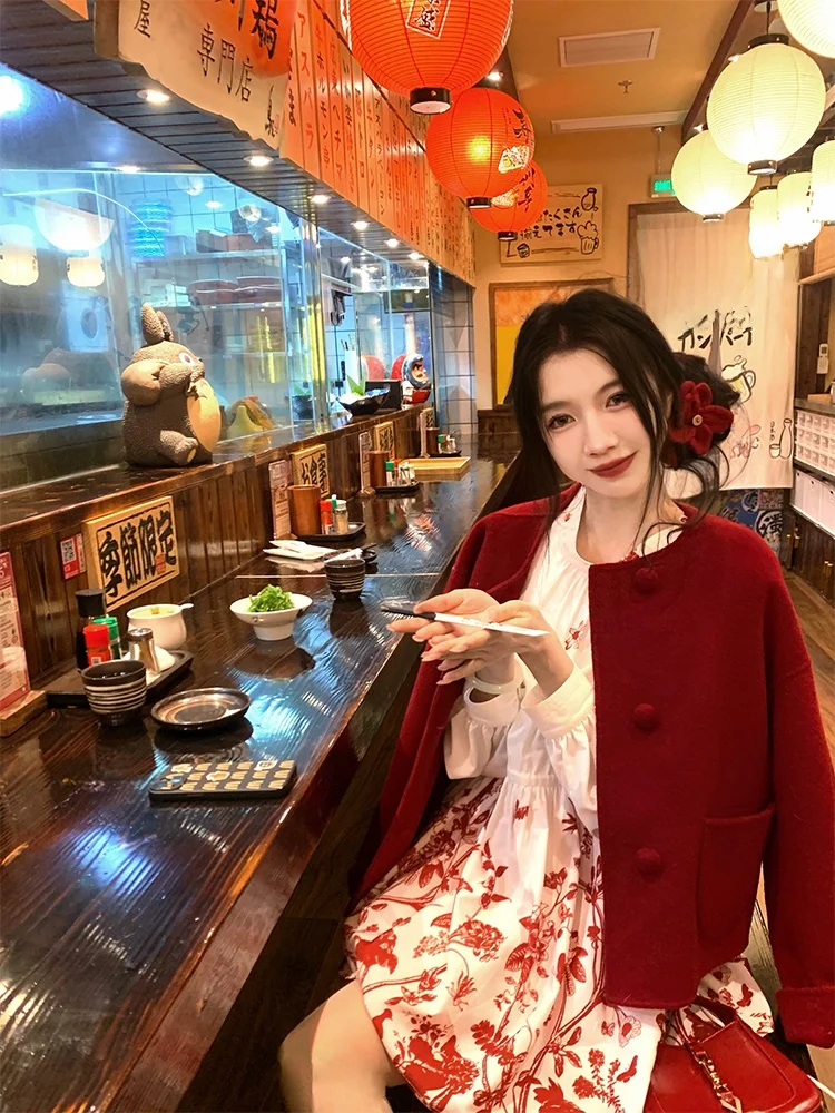 

Fiing Little Flat Sweet Sister Red Wool Double-Faced Tweed или Jaet Женская осенне-зимняя новинка Sle round Ne Single B...