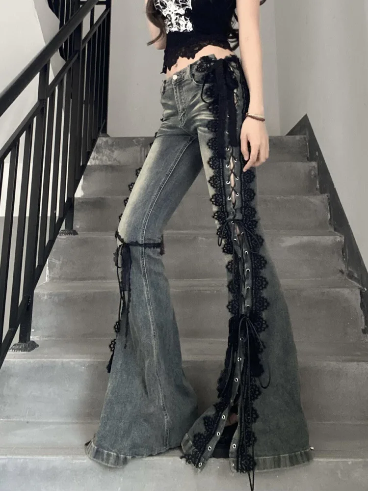 الرجعية الثقوب الدانتيل يصل مضيئة الجينز غرزة الدانتيل شعيرات ضئيلة منخفضة الارتفاع سبليت Bootcut السراويل النساء جرس قيعان الشارع الشهير