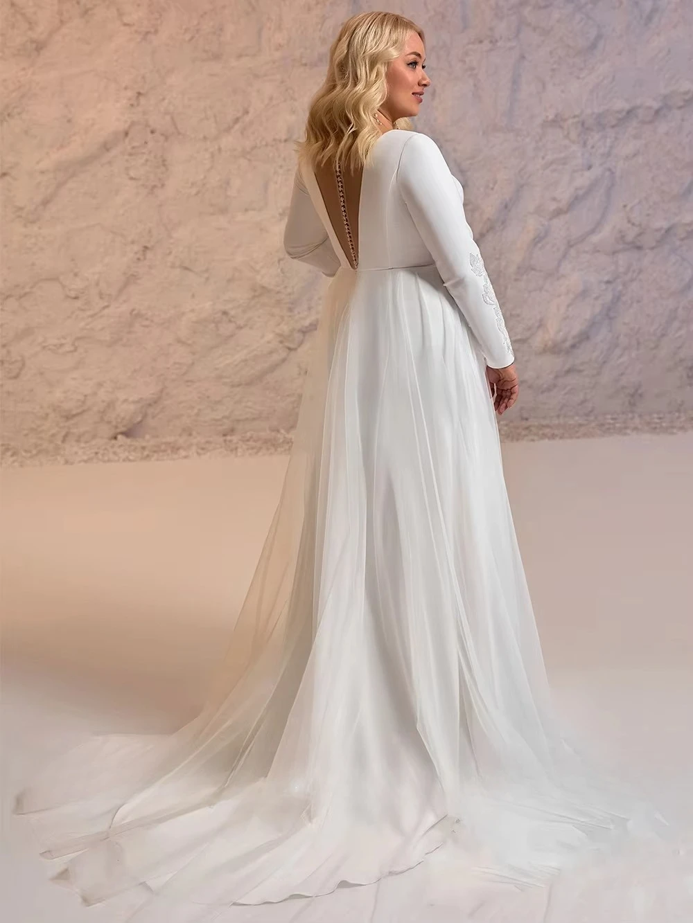 Plus Size V Neck Long Sleeve Wedding Dress Lace Cuffs Fitted Bodice Flowing Tulle A Line Skirt with High Front Split Train