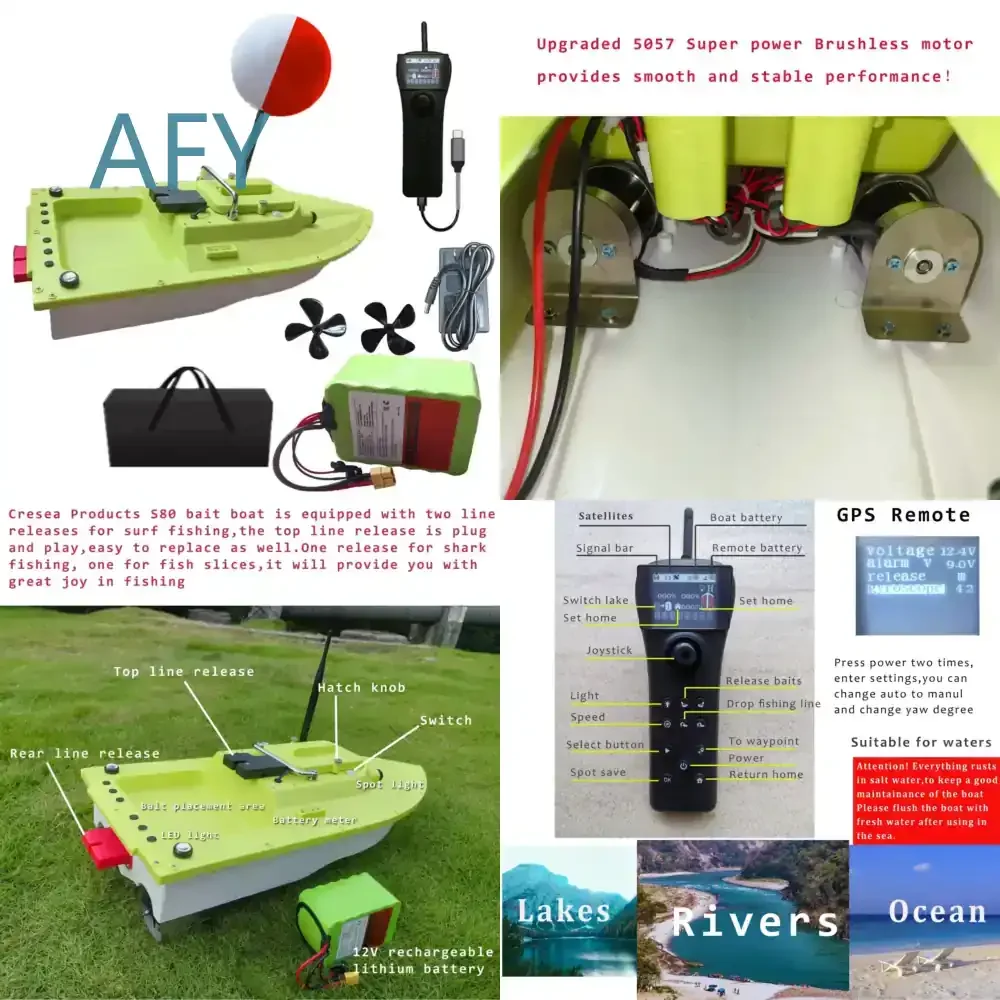 Barco Cebador de Pesca RC con Motor sin Escobillas para S80 GPS, Barco de Control Remoto Impermeable IP66 para Pesca en Agua Salada, 5 m/s Súper Velocidad