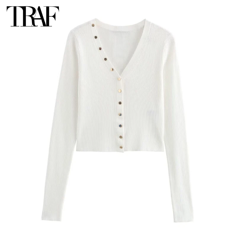 TRAF 2024 White Cropped Cardigans Women Button Knitted Short Sweaters for Women Autumn Knitwear Women Long Sleeve Cardigan Women