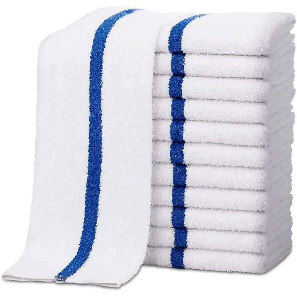 

12 Pack 16x19 Cotton Kitchen Towels - High Absorbency, Reusable Dish Cloths with Blue Stripes