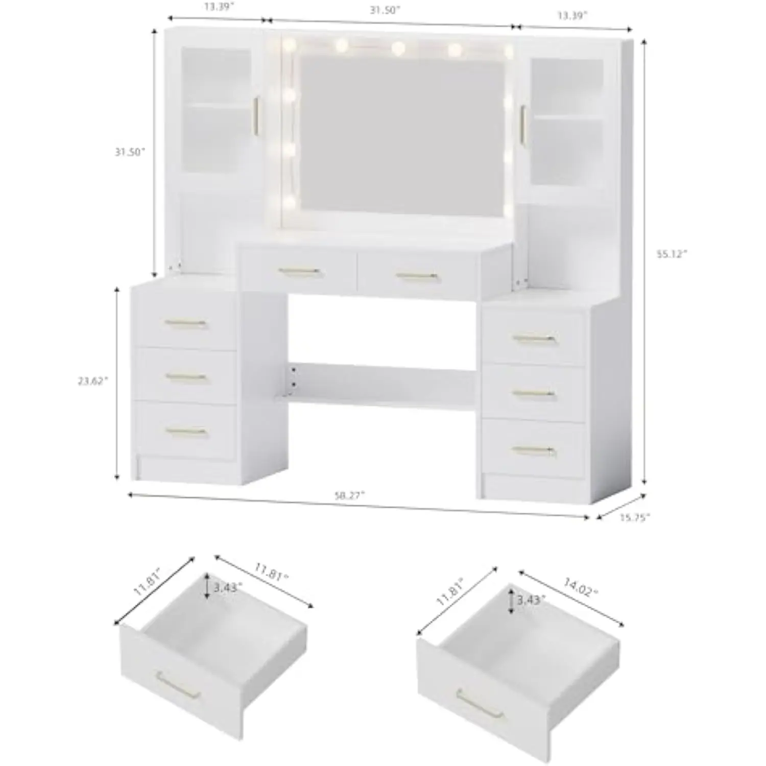 58.3  Makeup Vanity Desk with Charging Station  White Makeup Dressing Table with Mirror   Lights  3 Lighting Modes Adjustable