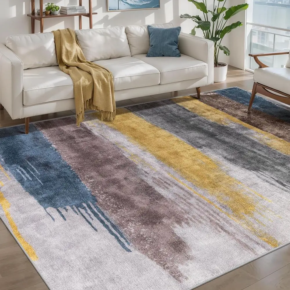 

Contemporary Low-Pile Indoor Rug, 5x7 Feet, Machine Washable, Non-Slip, Yellow Blue Gray for Living Room, Dining, Bedroom, Offic