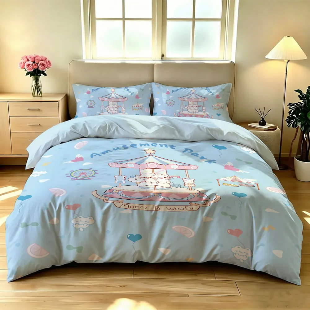 Carousel Unicorn Duvet Cover Set 3 Piece Dreamy Merry-go-round Print Bedding Set with Pillowcases for Girls Room