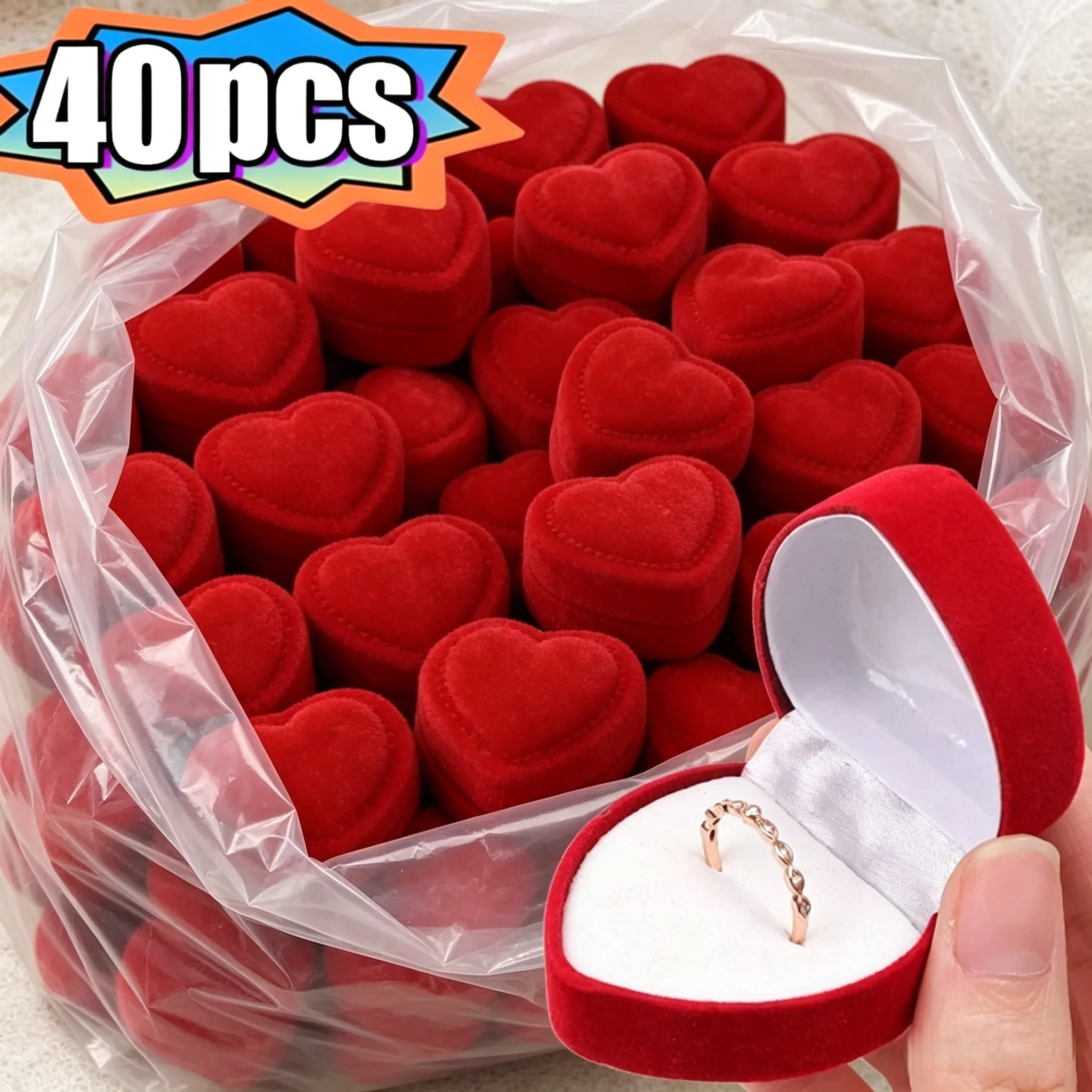 

1-40pcs Heart Shape Ring Organizer Jewelry Boxes Red Velvet Ring Storage Case for Wedding Ceremony and Valentine’s Day