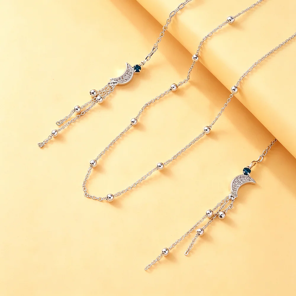 Women Face Chain Mask Chain Sparkling Rhinestone Inlaid Crescent Moon Tassel Beaded Layered Boho Bohemian Adjustable Lightweight