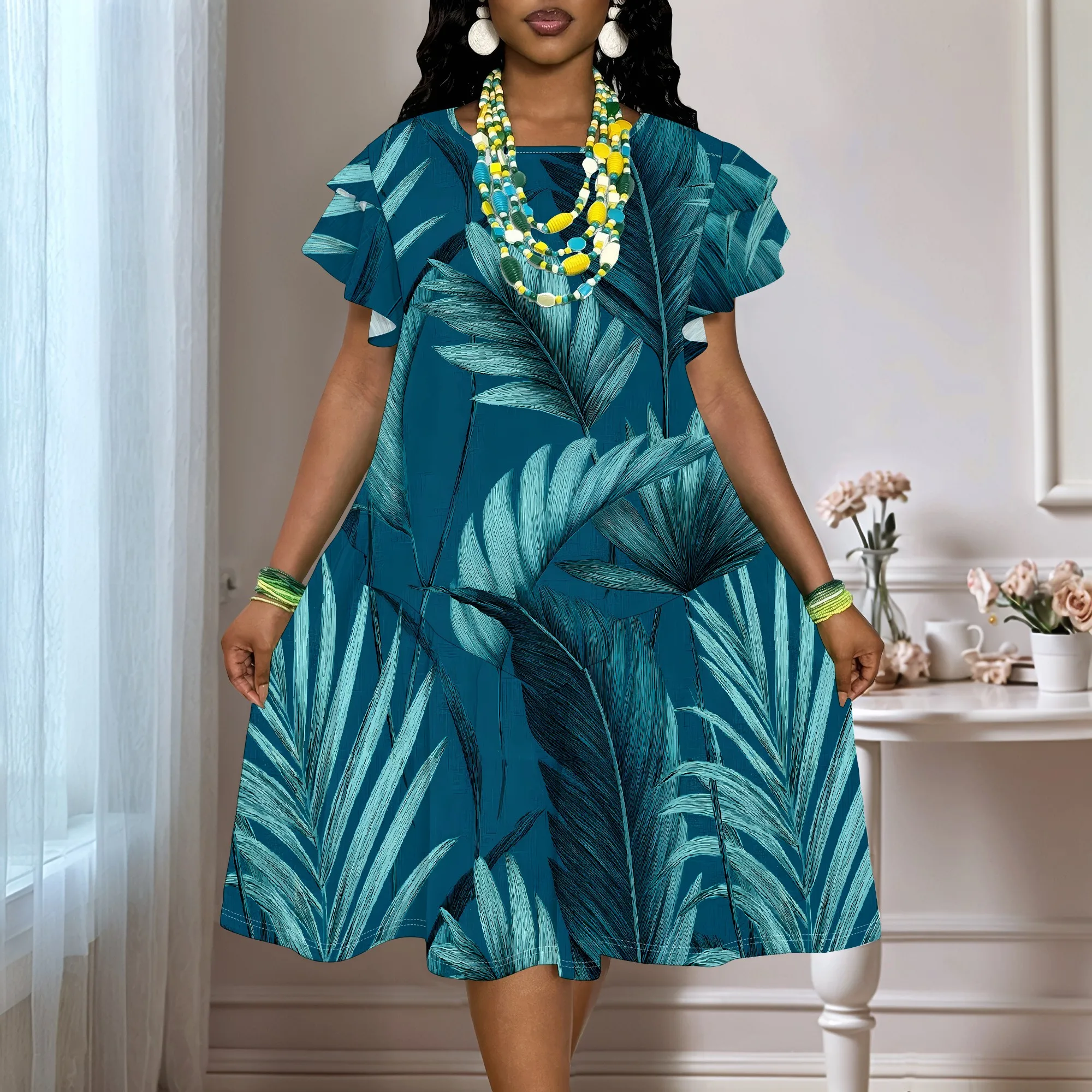 Tropical Leaf Print Short Sleeve Dress Women's Loose Fit Summer Casual Swing Midi Dress
