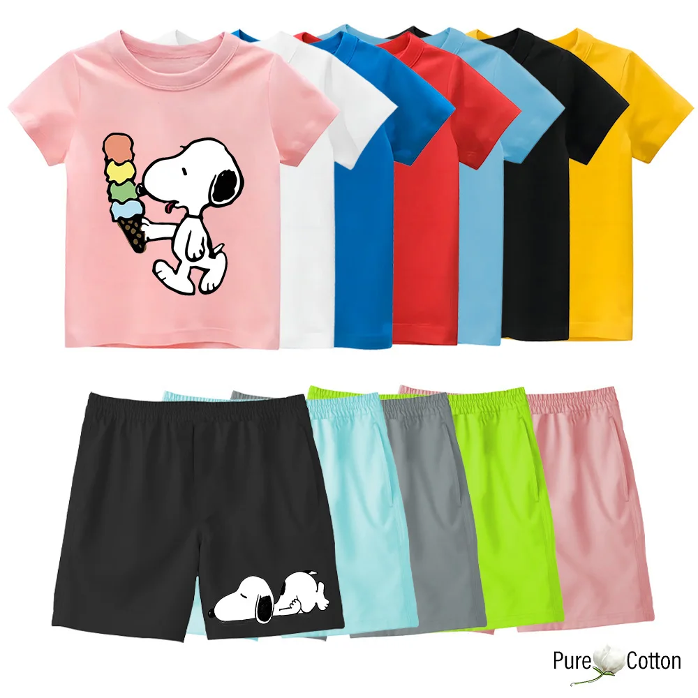 Children\'s Snoopy Fun Patterned Short Sleeve T-shirt set Summer Casual Sports beach shorts + T-shirt tops suit Boys cotton