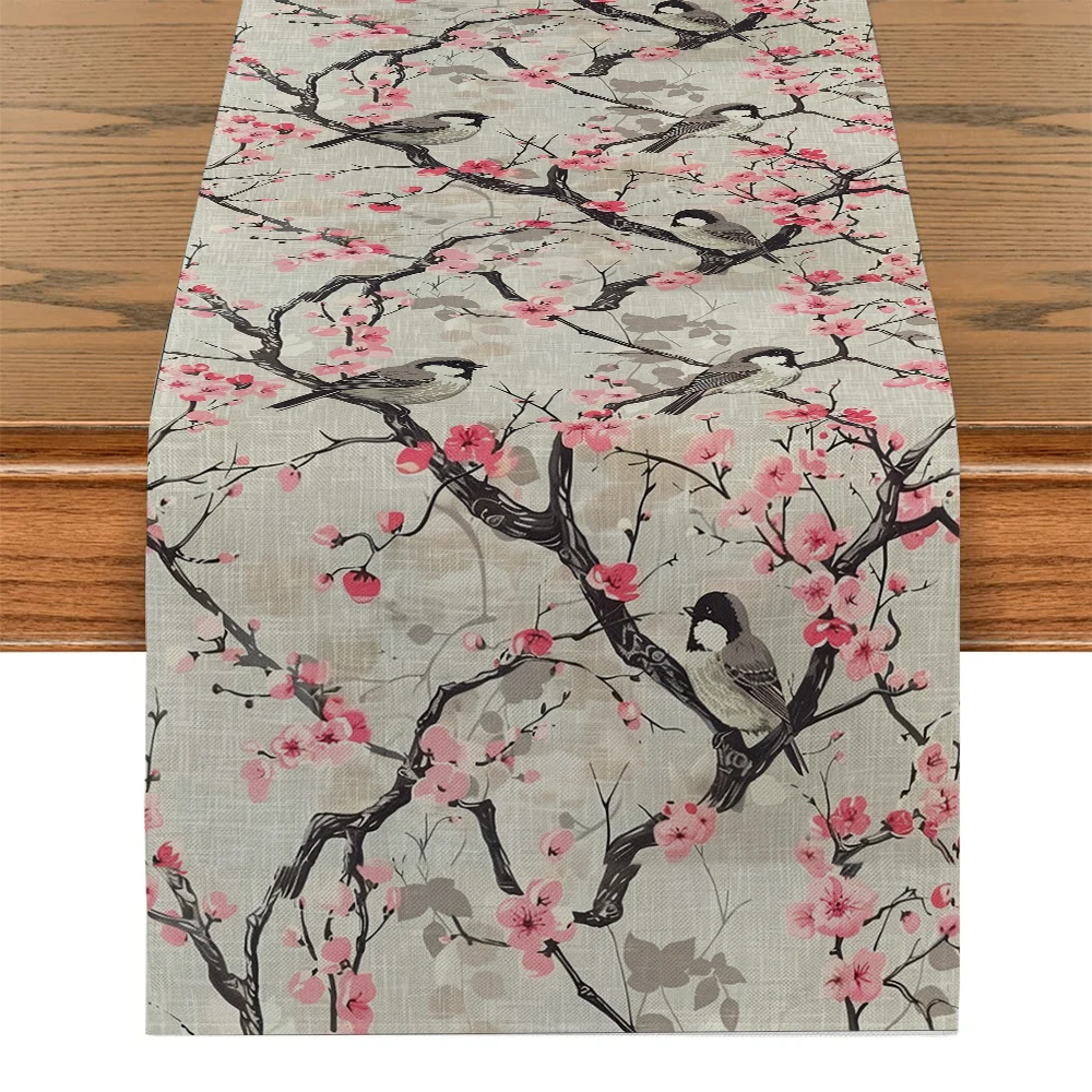 Sparrows and Peach Blossoms Table Runners Party Table Decor Farmhouse Dining Table Runner Decorations Washable Dining Long Cloth