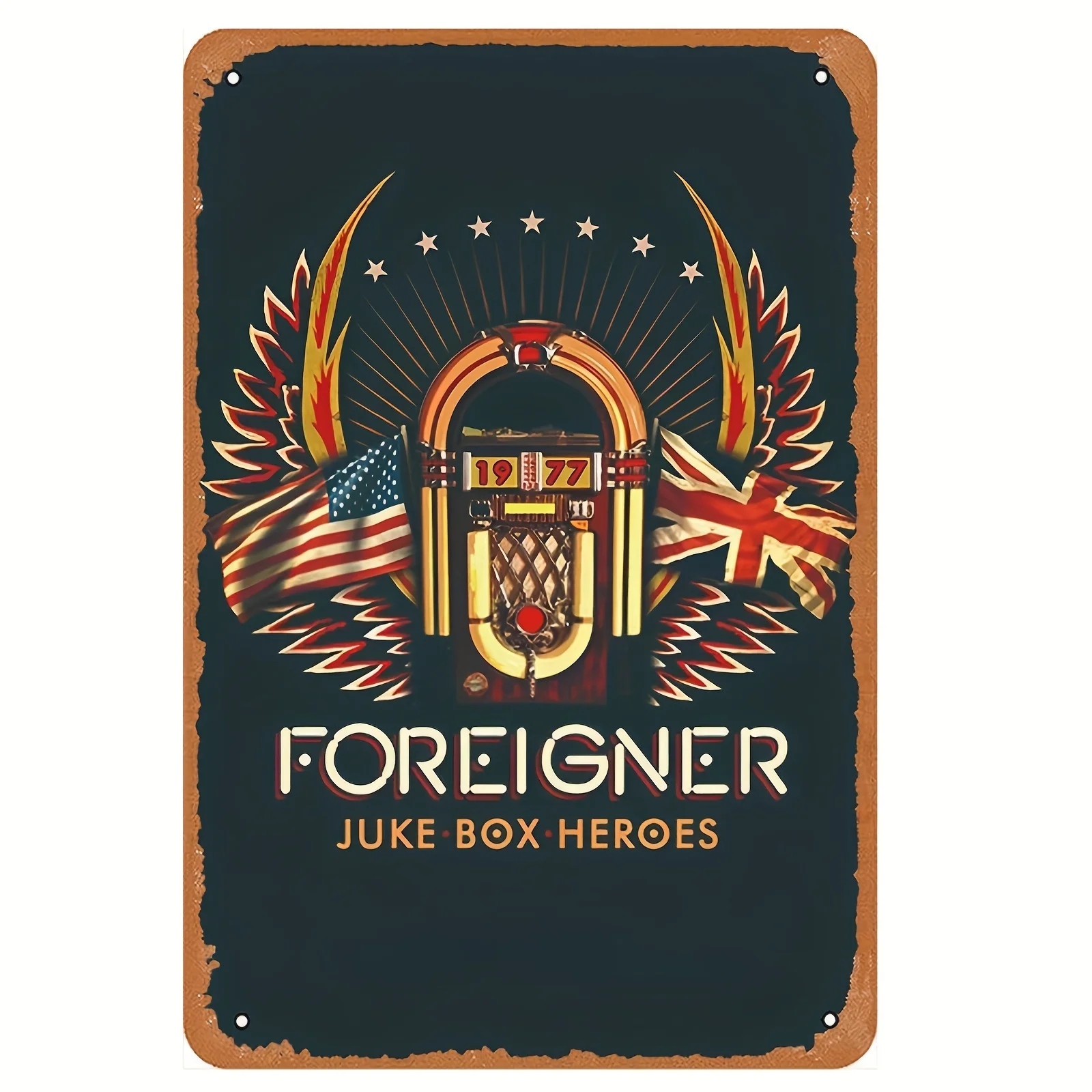 Foreigner Vintage Art Deco Tinplate Metal Sign -  Retro Juke Box Wall Decor with Flames, Union Jack & Stars, Durable Fade-Resist