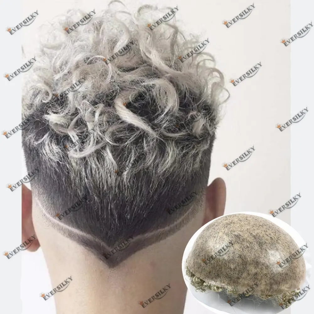 Rambut palsu pria PU kulit penuh keriting 20mm rambut manusia pirang Platinum alami 0.06mm v-looped Sistem prostesis rambut pria kapiler