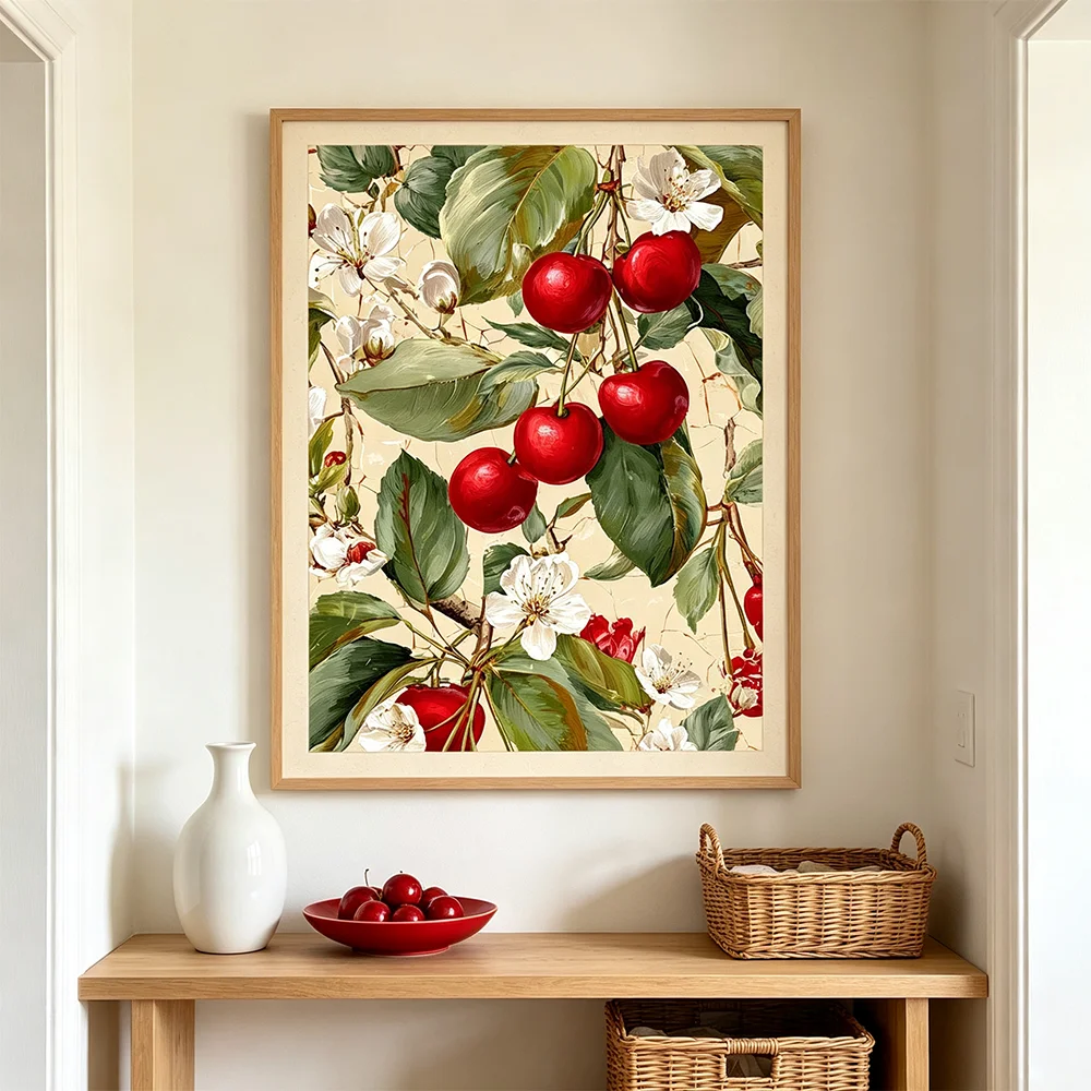 Flower Cherry Art Poster Print for Nursery Bedroom Living Room Home Decor Fruit Plant Wall Art Canvas Painting Decorations