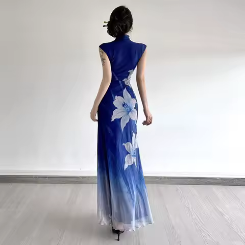 Gradient Sheer Qipao Dress, Mermaid Tail Cheongsam with Print, Slim Fit Sleeveless Elegant Evening Qi Pao Gown