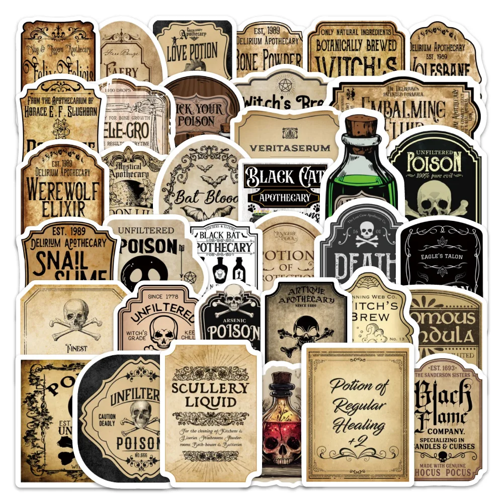 

10/50PCS Gothic style Potion Tags Skull Retro Sticker Decorative Guitar Thermos Cup Vase Skateboard Waterproof Stickers Kids Toy
