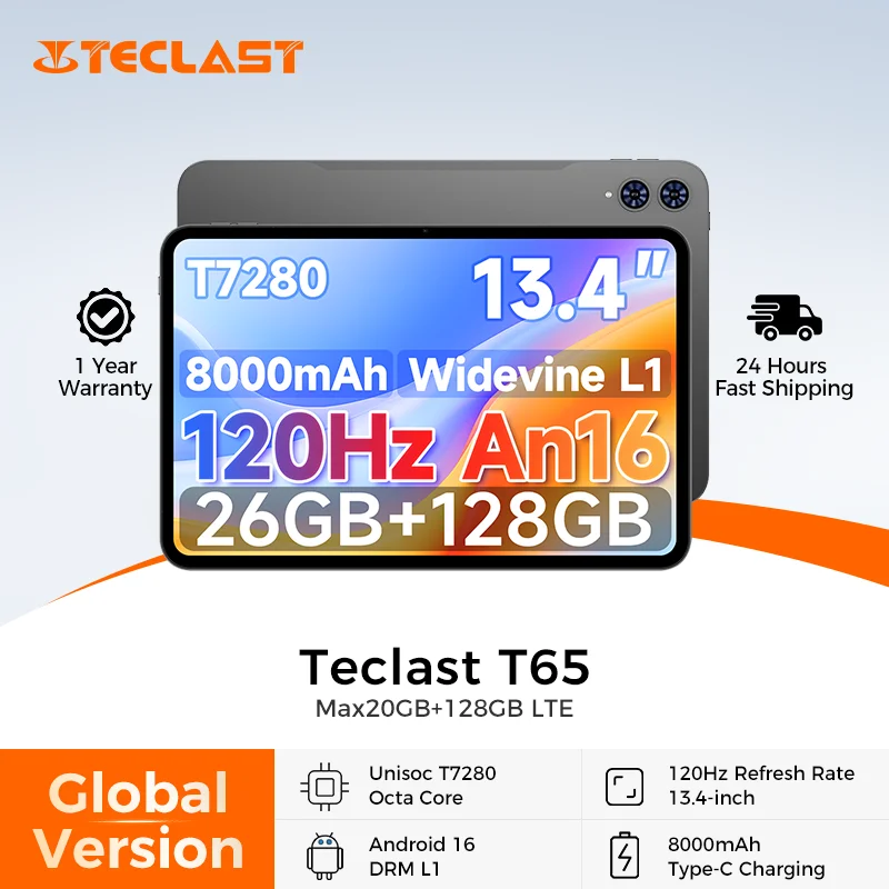 Teclast T65 13.4-inch TDDI 120Hz Android 16 Tablets PC Max.26GB RAM 128GB ROM Unisoc T7280 Octa-Core 8000mAh 4G Dual SIM