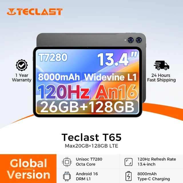 Teclast T65 13.4-inch TDDI 120Hz Android 16 Tablets PC Max.26GB RAM 128GB ROM Unisoc T7280 Octa-Core 8000mAh 4G Dual SIM Teclast T65 13.4" Tablet – 120Hz Display, Android 16, Unisoc T7280 Octa-Core, up to 26GB RAM, 128GB, 8000mAh, 4G Dual SIM