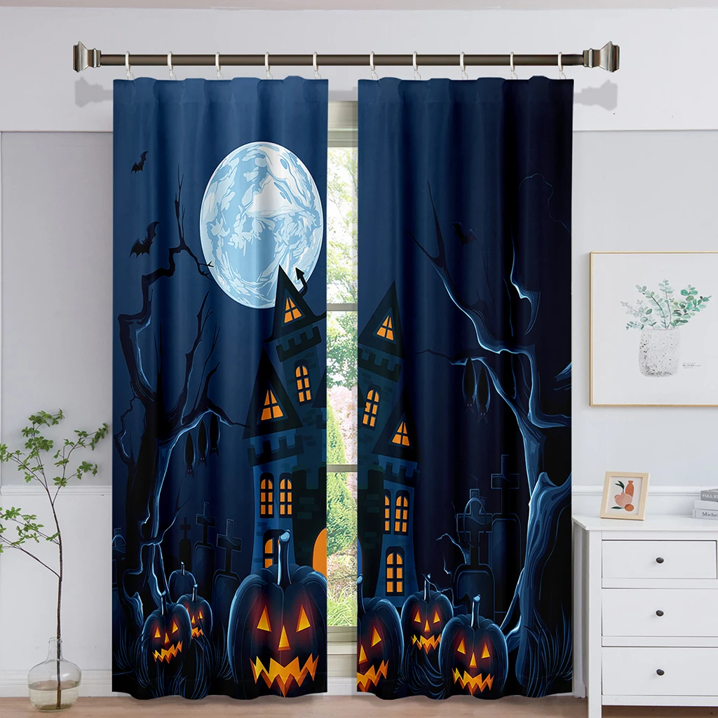 

Happy Halloween Castle Pumpkin Witch Moon Window Curtain for Kids Living Room Bedroom Bathroom Kicthen Door Cupboard Decor Hooks