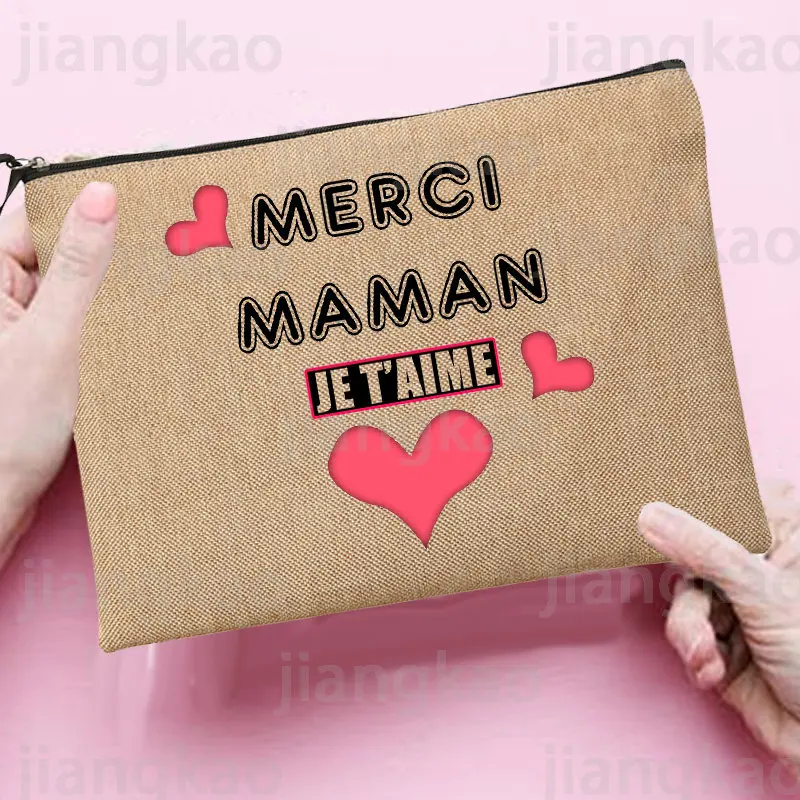 Thank You Mom I Love You French Print Makeup Bag Travel Neceser Toiletry Zipper Pouch Female Summer Beach Bags Mother's Day Gift