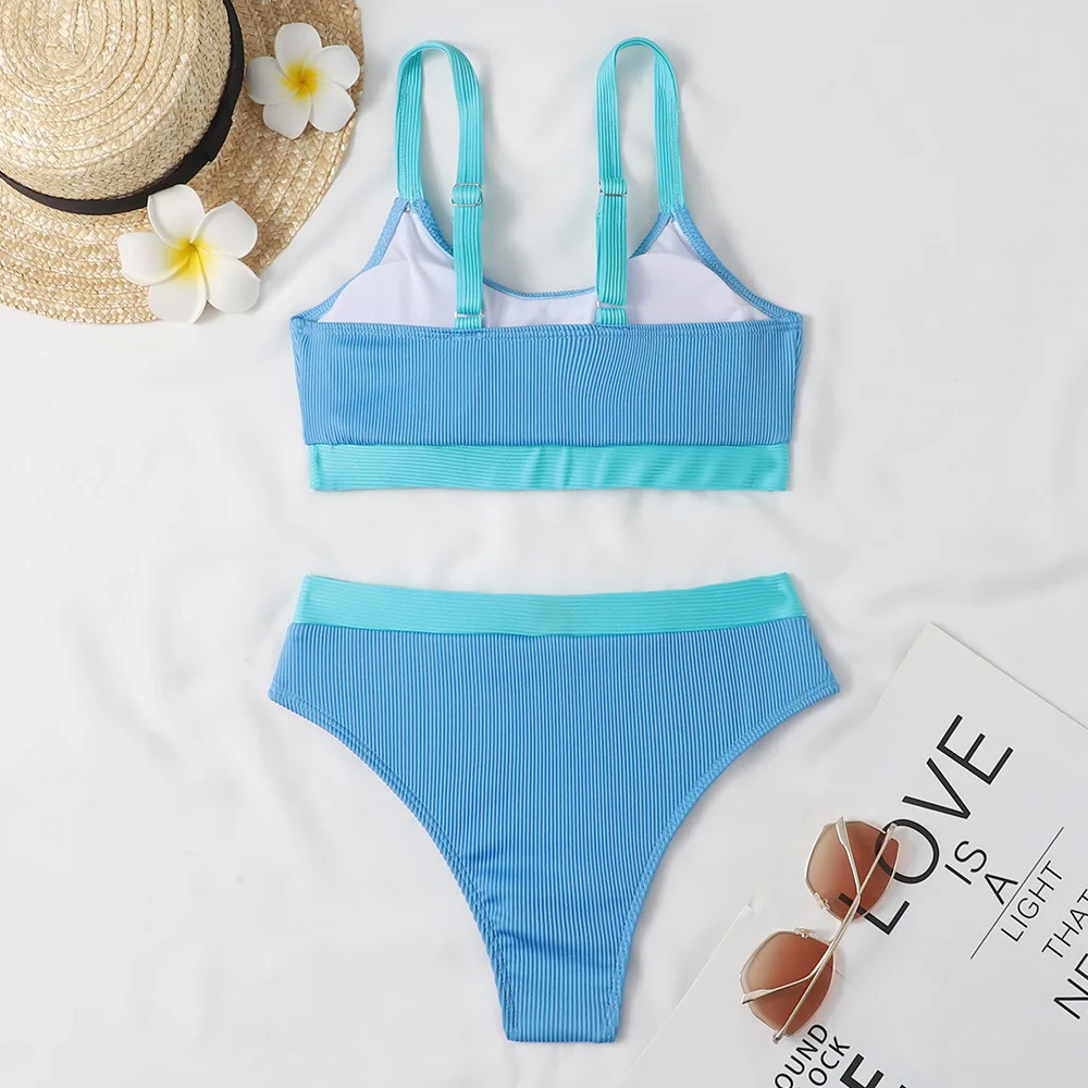 2024 New Women Swimsuit Sexy Blue Sports High Waist Bikini Swimwear Female Two Piece Beachwear Bandeau Bikinis Set Bathing Suit