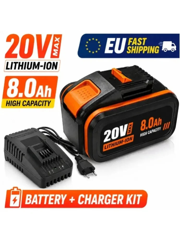8000mAh 20V 8.0Ah Hochleistungs-Li-Ionen-Ersatzakku kompatibel mit Worx WX390 WX176 WX166.4 WX372.1 WX800 WX678 WX550 WX532 WG894E WG629E WG329E Akku für kabellose Elektrowerkzeuge mit langer Laufzeit