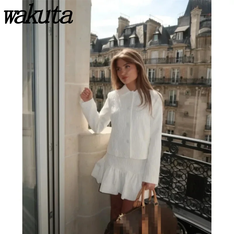 WAKUTA Fashion Lapel Long Sleeved Glossy Fabric Suit Single Breasted Jacket+short Skirt Set 2024 Spring Chic Women's Clothing