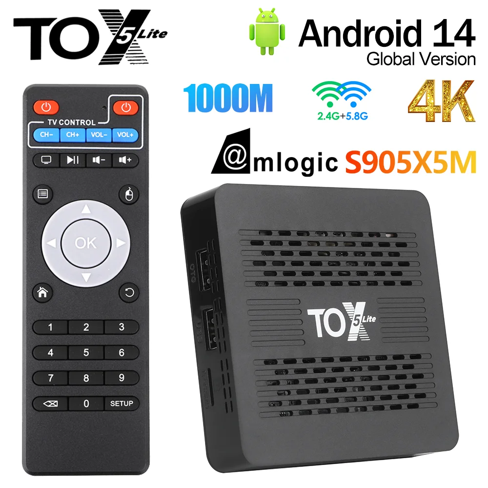 Original Tox5 Lite TV Box Amlogic S905X5M Android14 32GB ROM BT AV1 1000M LAN Wifi 2.4G&5G 4K HDR Media Player Set Top Box