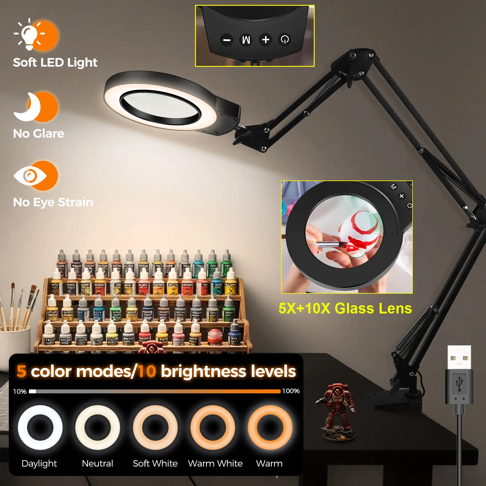 

5X 10X Large Magnifying Glass with Light 5 Color Modes Dimmable LED Magnifying Lamp with Long Flexible Arm for Close Work