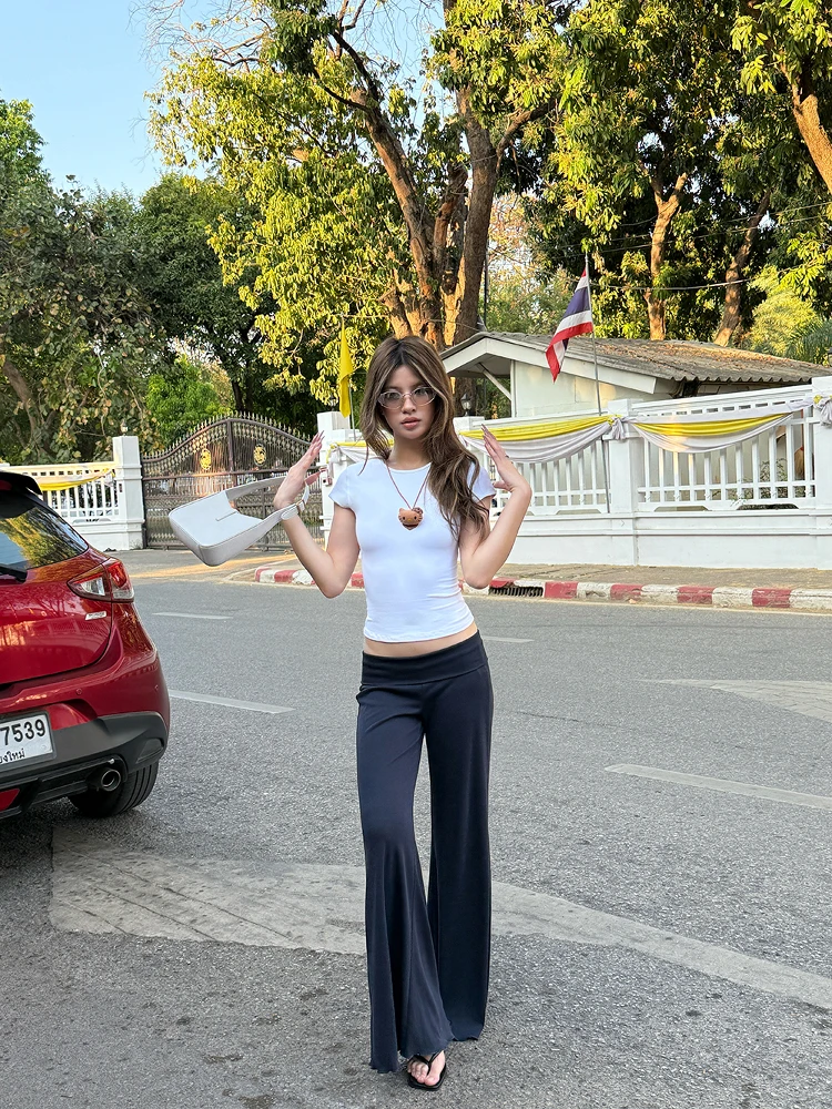 Women Fold Waist Cuff Flare Pants