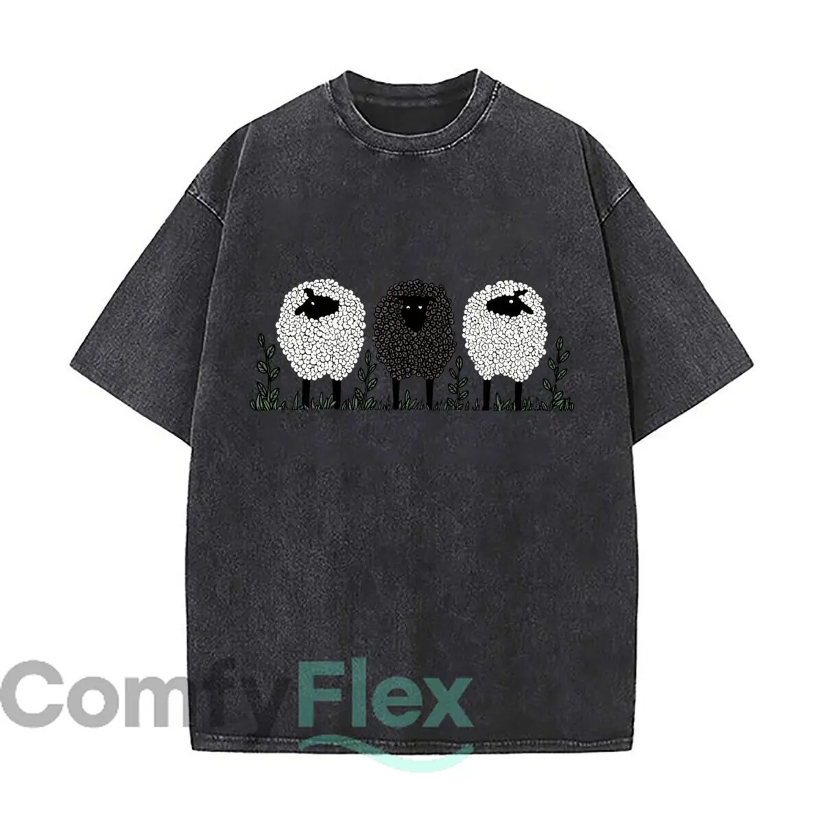 Three Sheep Black White Flock Nature Illustration Distressed Faded Baggy Streetwear Tops for Park Hangouts