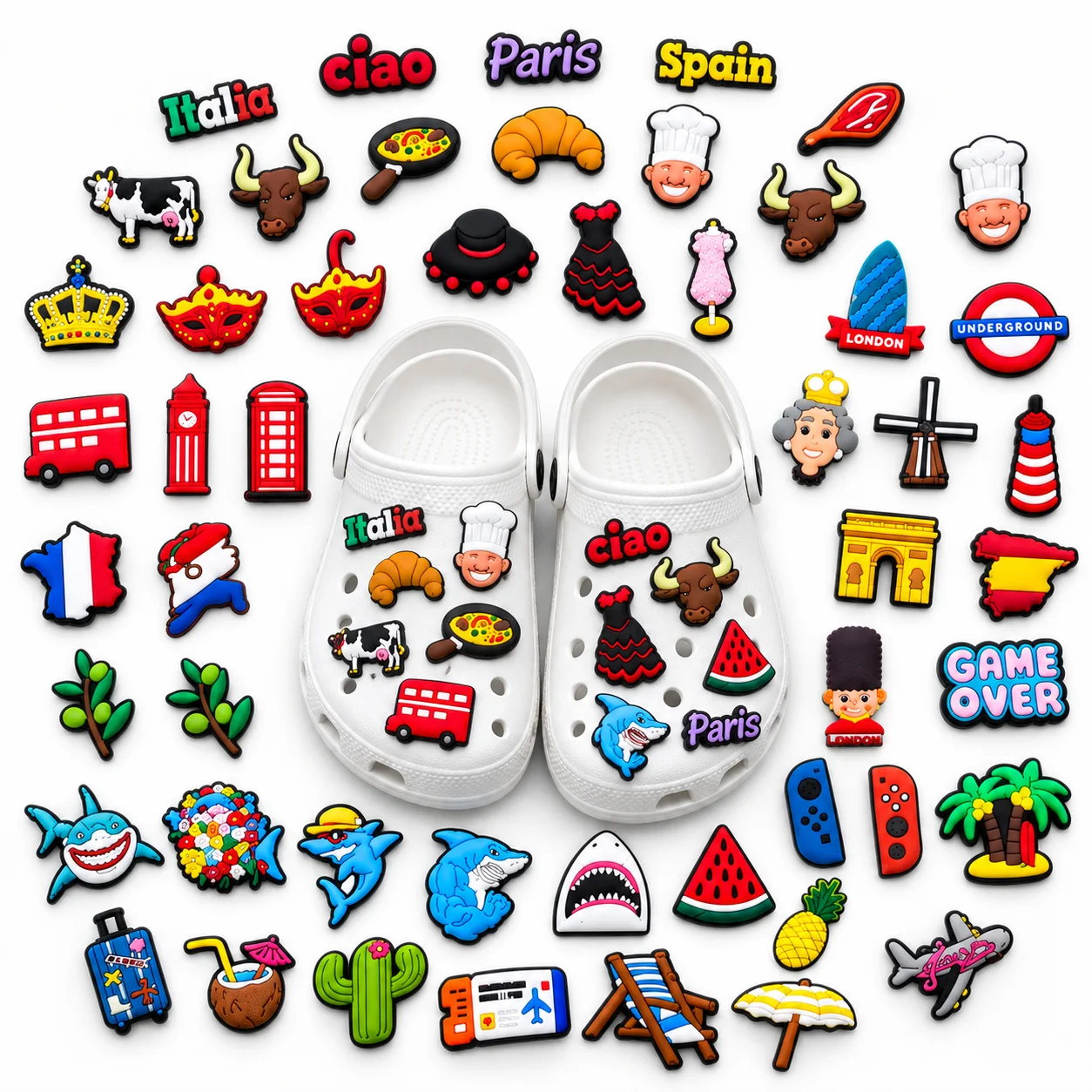 50pcs Gamer Gun Shoe Charms Set Game Controller PVC Pins for Clogs FPS Accessories Gift for Boys Men Teens Kids Cool Style