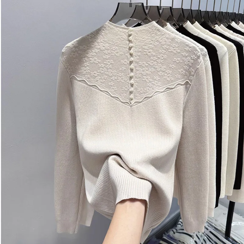 Women's Half-turtleneck Sweater fleece-lined Thick Base Sweater Lace Inner Pullover Sweater Female Warm Top Autumn Winter 2025