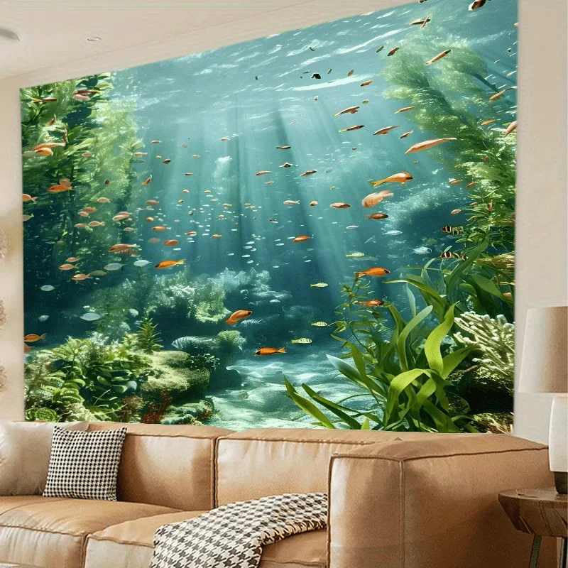 نسيج الشعاب المرجانية البحرية الاستوائية كبيرة الحجم - الأسماك النابضة بالحياة والنباتات المائية معلقة على الحائط لتزيين غرفة النوم وغرفة المعيشة