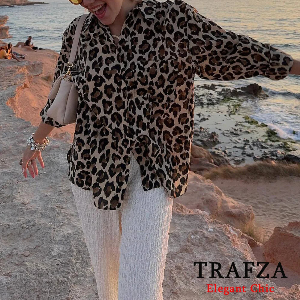 TRAFZA-Ensemble Vintage Imprimé Léopard pour Femme, Chemisier Court à Manches sulfet Pantalon Long, Mode Décontractée, Bureau, Été, 2024, 2 Pièces