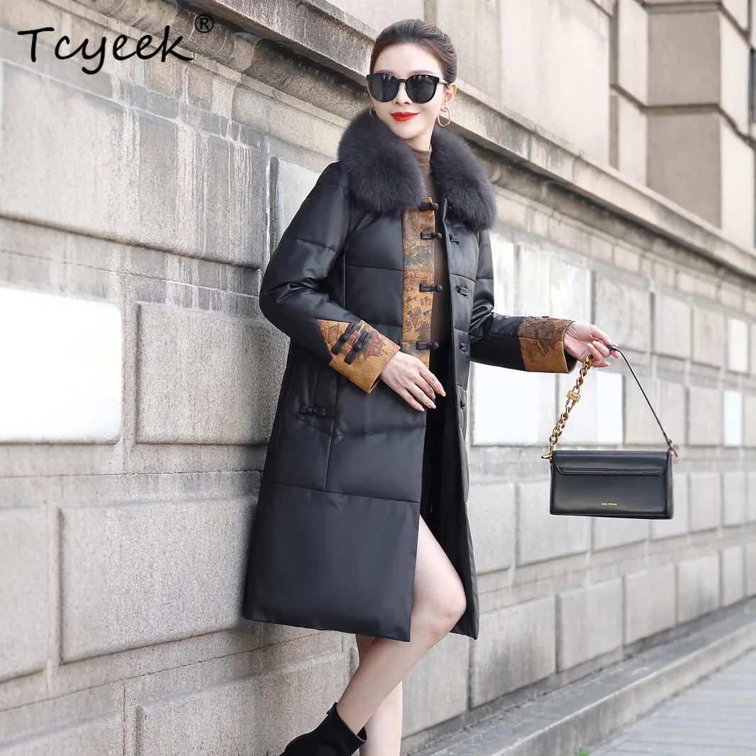 Tcyeek Real Sheepskin White Goose Down Autumn Winter High End Square Collar Black Women's Genuine Leather Jacket Jaqueta Couro